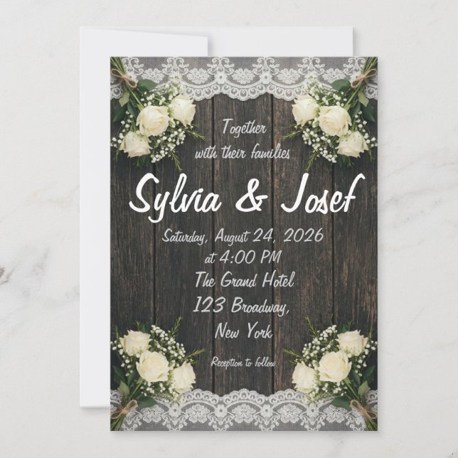 Faire-part de mariage rustique en bois blanc avec  (Devant)