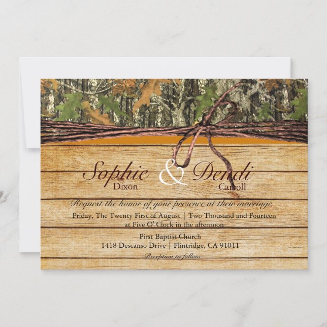 Faire-part de mariage rustique en bois de Camo (Devant)