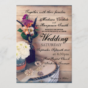 Faire-part de mariage rustique en bois et fleurs