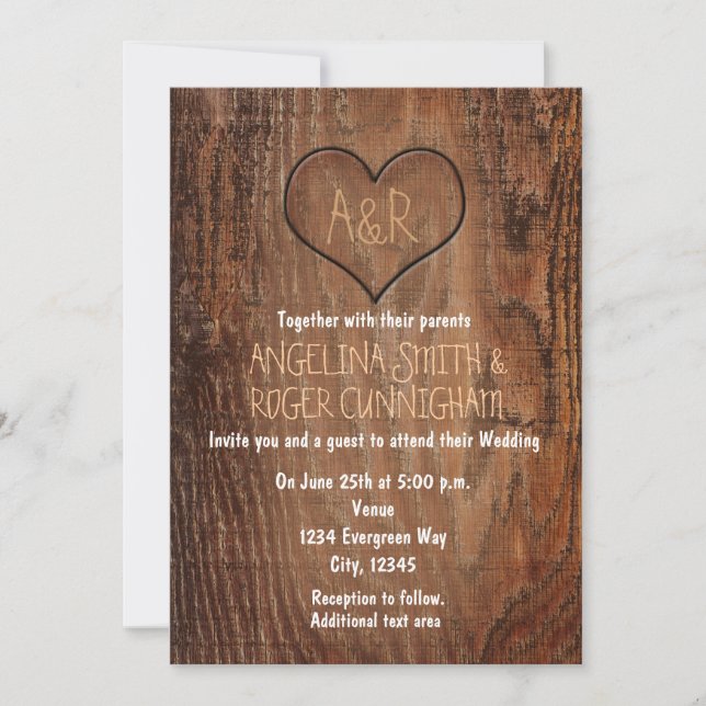 Faire-part de mariage rustique en bois sculpté en  (Devant)