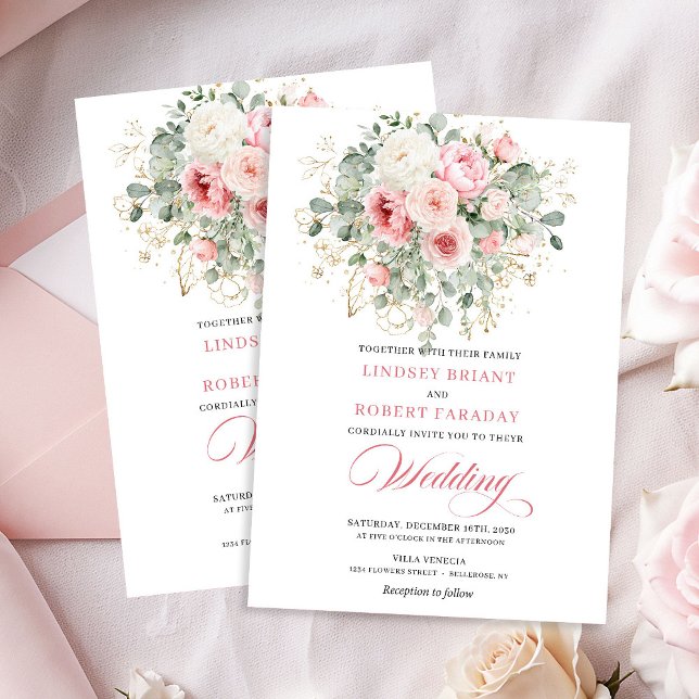 Faire-part de mariage rustique en rose poudré avec (Rustic Blush Peony Greenery Gold Wedding Invitation)