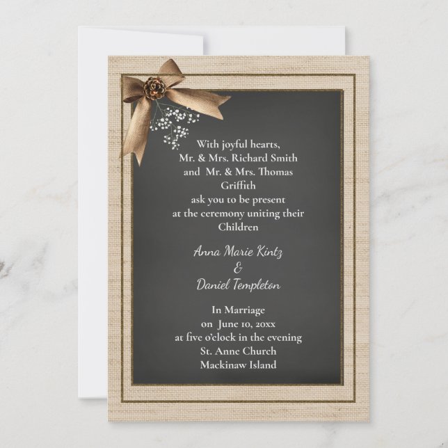 Faire-part de mariage rustique en toile de jute (Devant)