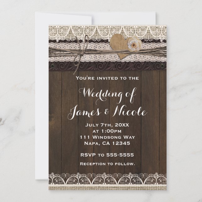 Faire-part de mariage rustique en toile de jute et (Devant)