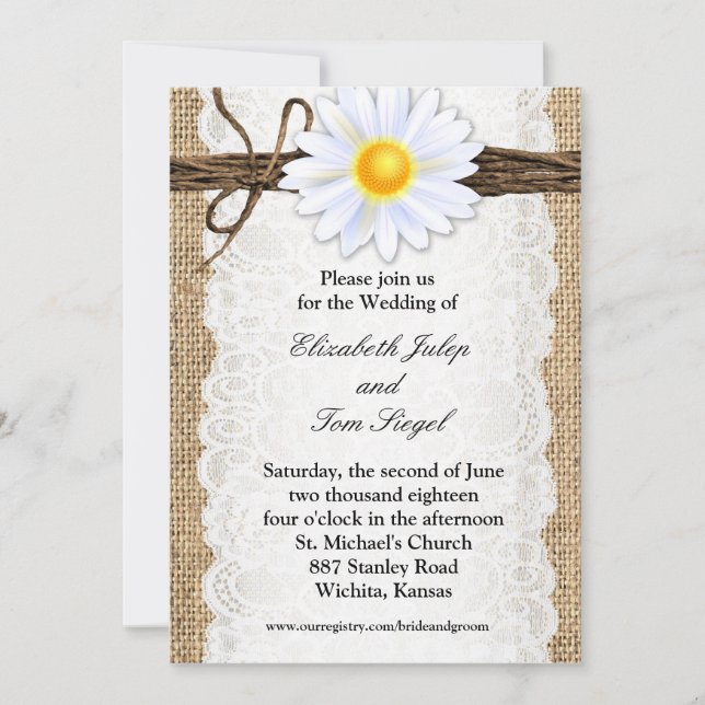 Faire-part de mariage rustique en toile de jute et (Devant)