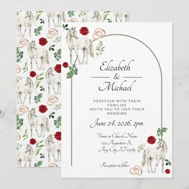 Faire-part de mariage rustique équestre floral rou (Devant / Derrière)