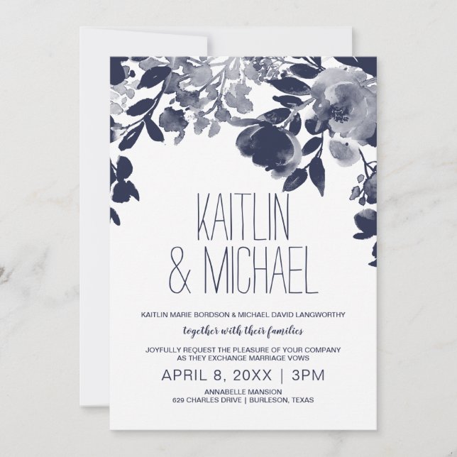 Faire-part de mariage rustique floral (bleu marine (Devant)