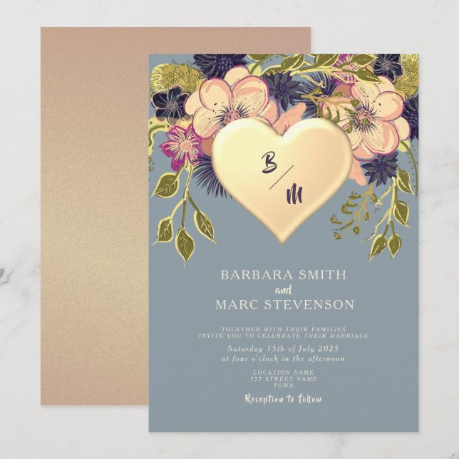 Faire-part de mariage Rustique Floral Cœur Or Bleu (Devant / Derrière)