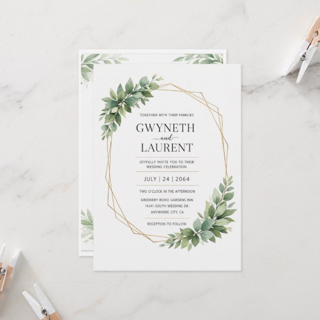 Faire-part de mariage rustique géométrique or et v (Devant/Arrière en situation)