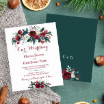 Faire-part de mariage Rustique hiver floral BUDGET<br><div class="desc">Bouquet floral de roses de pivoine rouge bordeaux et blanc avec branches de sapin vert pin et modèle feuillage abordable avec un texte de script moderne moderne changeable. Veuillez noter que la couleur arrière - plan sur l'avant et sur le dos sont modifiables. Pour modifier la couleur, les polices et...</div>