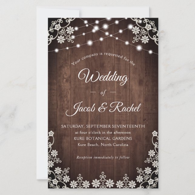 Faire-part de mariage Rustique Lace & String Light (Devant)