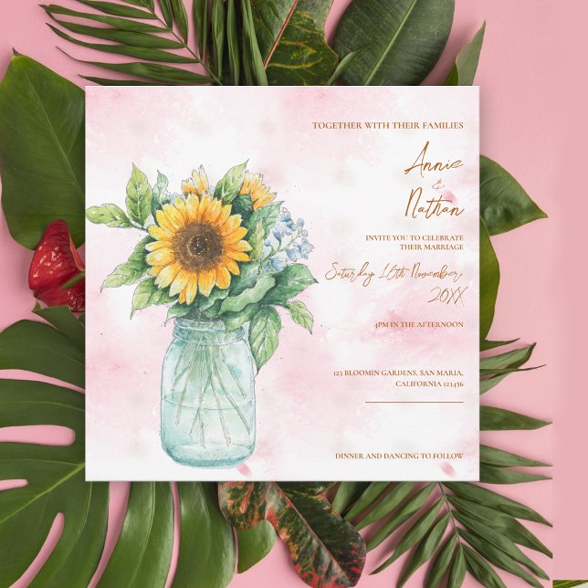 Faire-part de mariage rustique Mason Tournesol Jar (Rustic Sunflower Mason Jar Wedding Invitation)