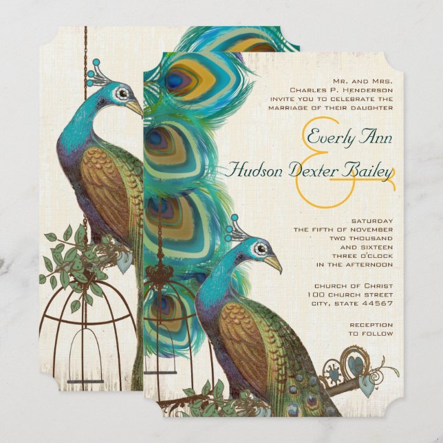 Faire-part de mariage rustique paon oiseau cage pl (Devant / Derrière)