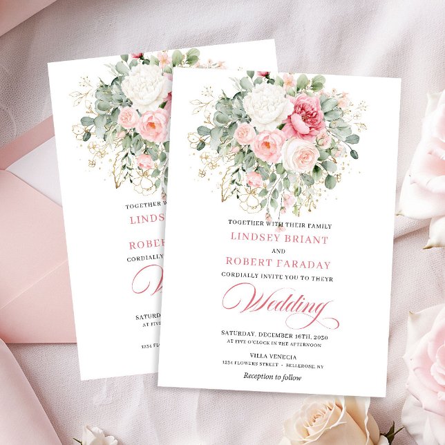 Faire-part de mariage rustique rose blush verdure  (Rustic Blush Rose Greenery Gold Wedding Invitation)