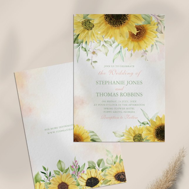 Faire-part de mariage Rustique Soleil de Tournesol (Rustic Sunflower Delight Wedding Invitation on a table.)