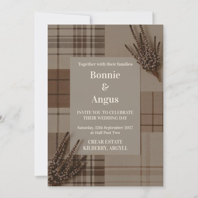 Faire-part de mariage Rustique Tartan Plaid Heathe (Devant)