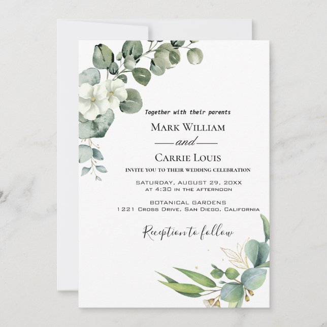 Faire-part de mariage rustique verdure d'eucalyptu (Devant)