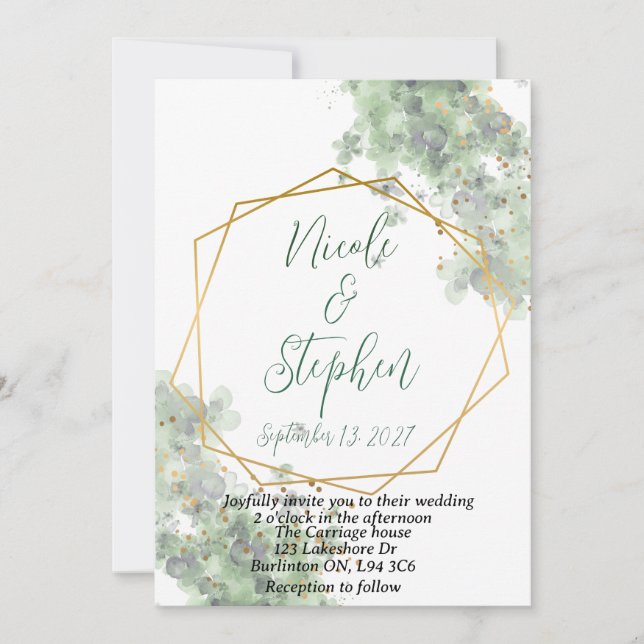Faire-part de mariage rustique vert et or (Devant)