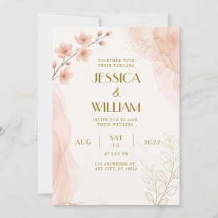 Faire-part de mariage Sakura pailleté aquarelle pê
