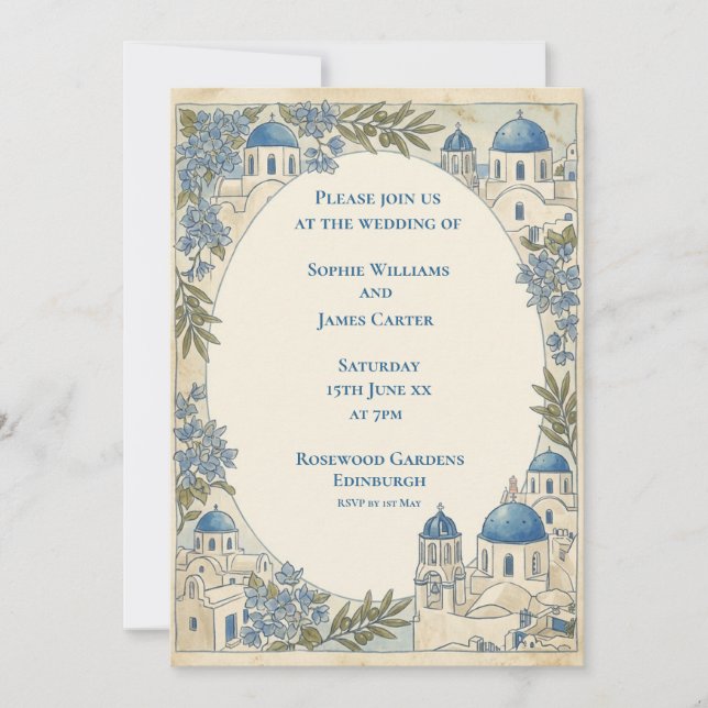 Faire-part de mariage Santorin Carrelage Bleu (Devant)