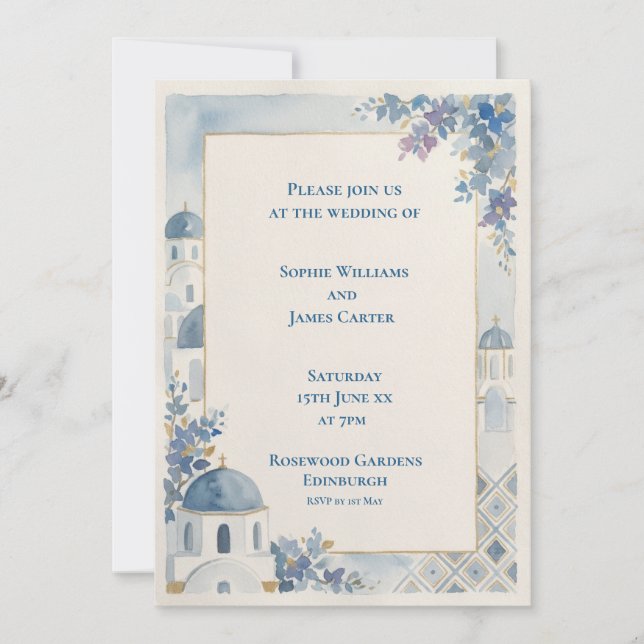 Faire-part de mariage Santorin Floral Bleu (Devant)