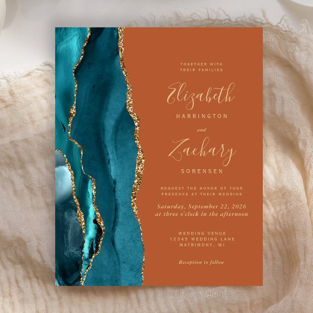 Faire-part de mariage sarcelle doré agate orange b (Créateur téléchargé)