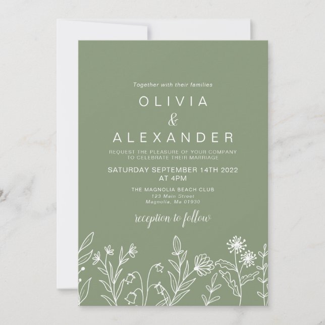 Faire-part de mariage sauvage boho vert sauge fleu (Devant)