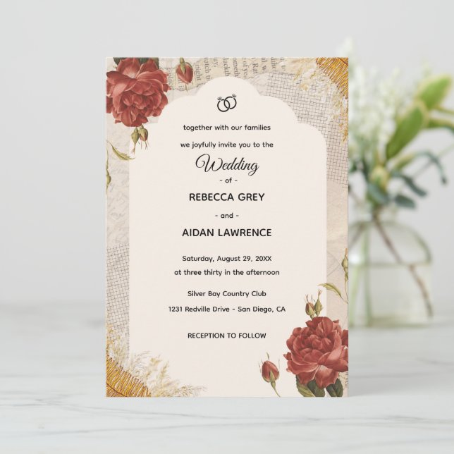 Faire-Part de Mariage Scrapbook Vintage Fleurs Pre (Debout devant)