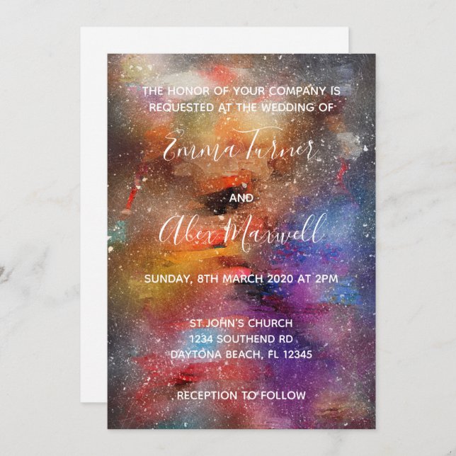 Faire-part de mariage | Script d'aquarelle Galaxy (Devant / Derrière)