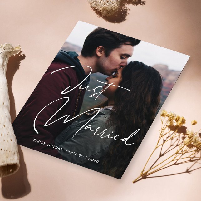 Faire-Part de Mariage Script Photo (Just Married Elegant Hand Lettering Wedding Photo Announcement)
