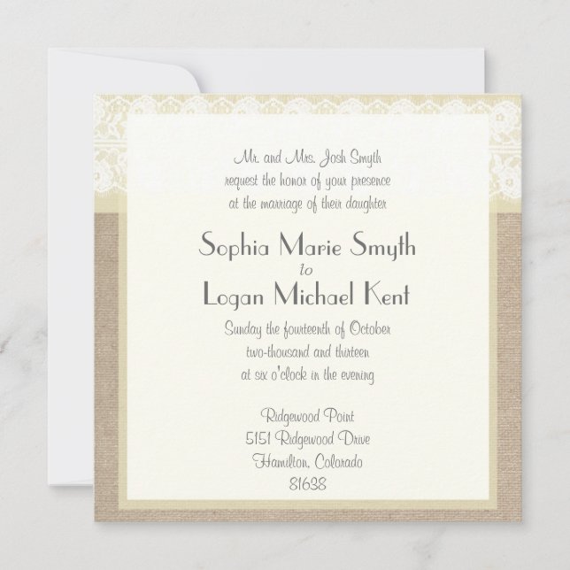 Faire-part de mariage Shabby Chic Beige Lace Burla (Devant)