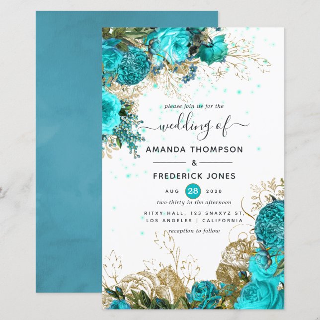 Faire-part de mariage shabby chic turquoise et or  (Devant / Derrière)