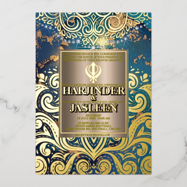 Faire-part de mariage Sikh Anand Karaj bleu paille (Recto)