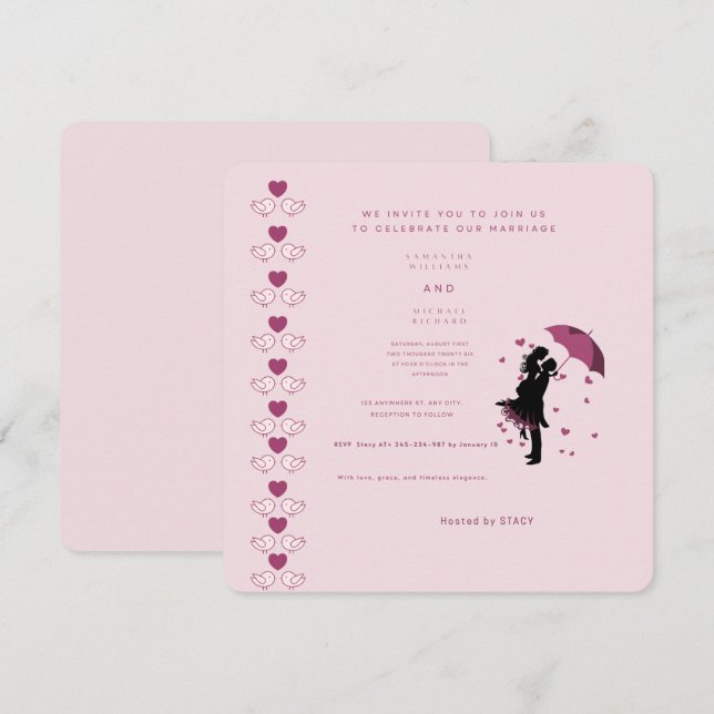 Faire-part de mariage silhouette rose romantique | (Devant / Derrière)