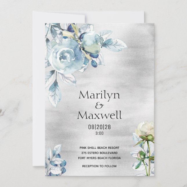 Faire-part de mariage Silver Dusty Blue Peony (Devant)