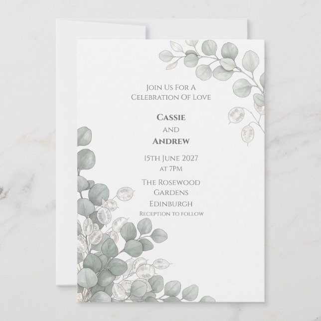 Faire-part de mariage Silver Eucalyptus Lunaria (Devant)