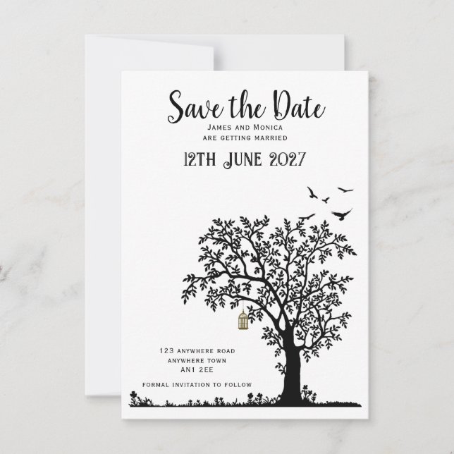 Faire-part de mariage simple arbre/oiseau noir et  (Devant)