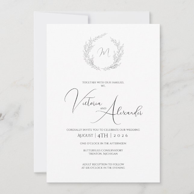 Faire-part de mariage simple avec monogramme de la (Devant)