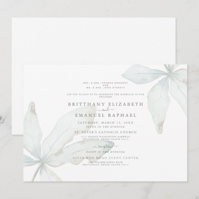 Faire-part de mariage simple blanc à feuillage tro (Devant / Derrière)