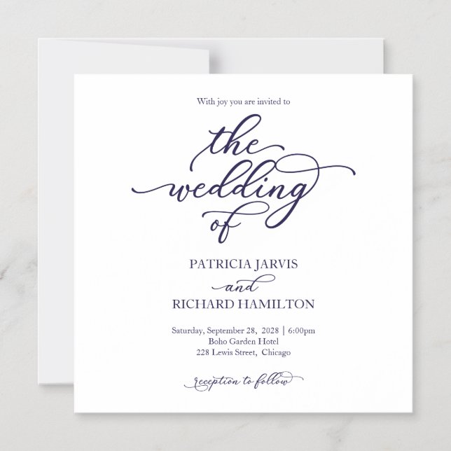 Faire-part de mariage simple chic bleu marine écri (Recto)