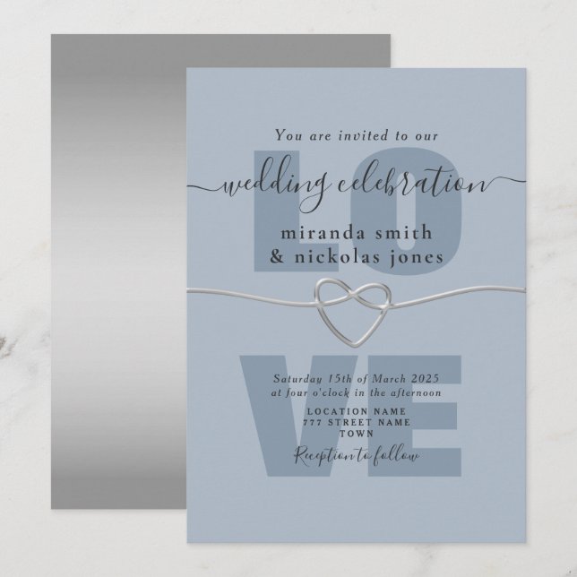 Faire-part de mariage simple écriture d'amour bleu (Devant / Derrière)