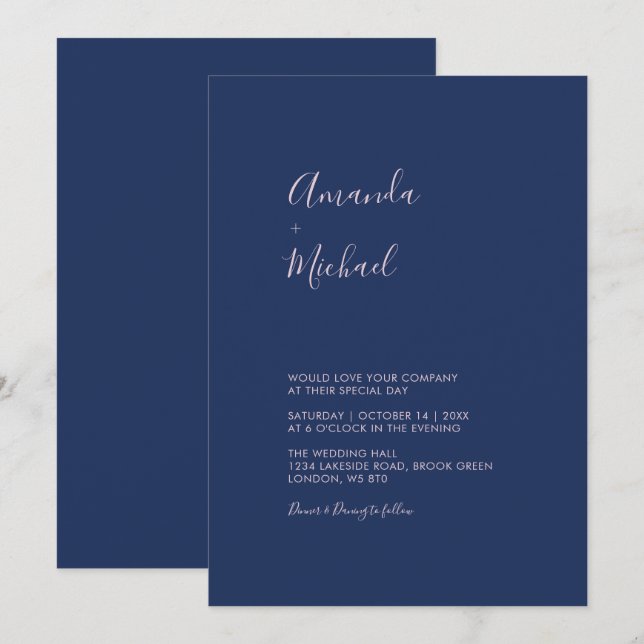 Faire-part de mariage simple et minimal rose et bl (Devant / Derrière)