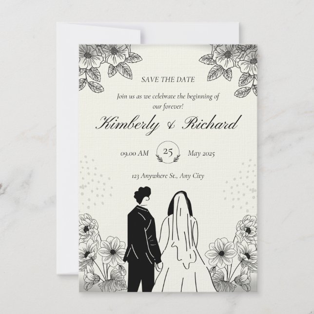 Faire-part de mariage simple illustration beige no (Devant)