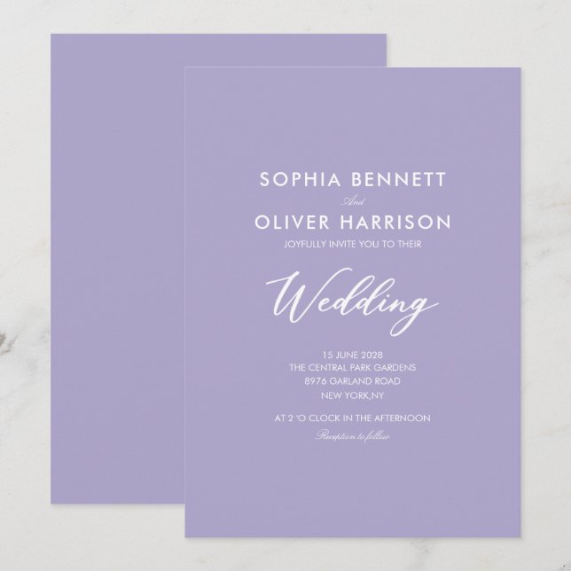Faire-part de mariage SIMPLE moderne lilas (Devant / Derrière)