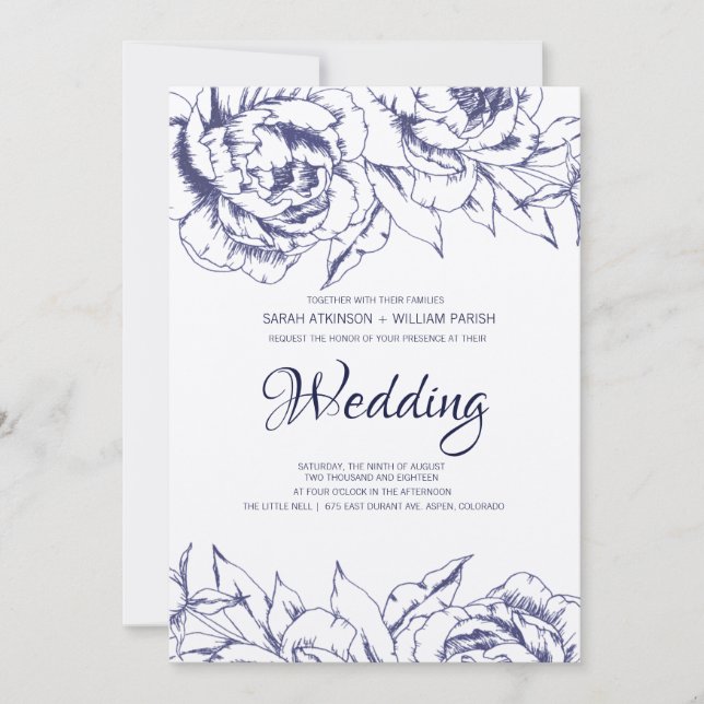 Faire-part de mariage simple Navy Peony (Devant)