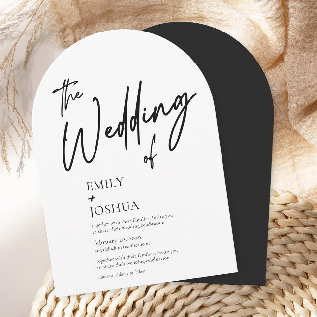 Faire-part de mariage simple noir et blanc moderne (Front and back or arch wedding invitation shown in 5x7 inches. Choose paper and corner style.)