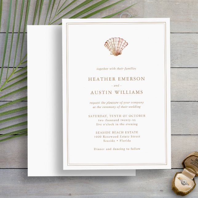 Faire-part de mariage simple plage (Beach Simple Modern Seashell Wedding Invitation
by Painted Paperie)
