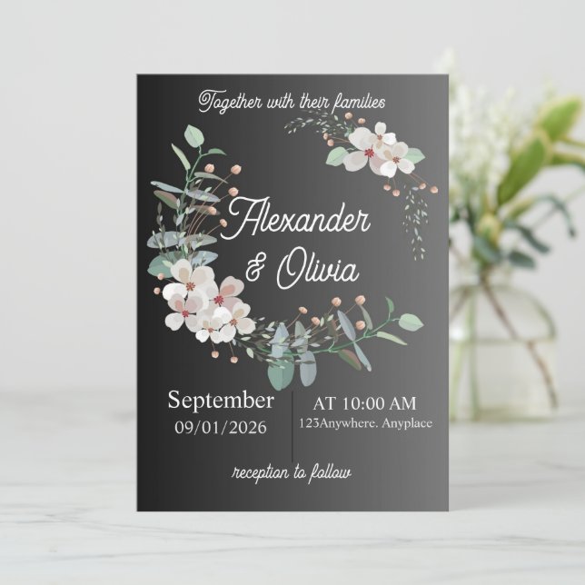 Faire-part de mariage simple vert, blanc et noir (Debout devant)