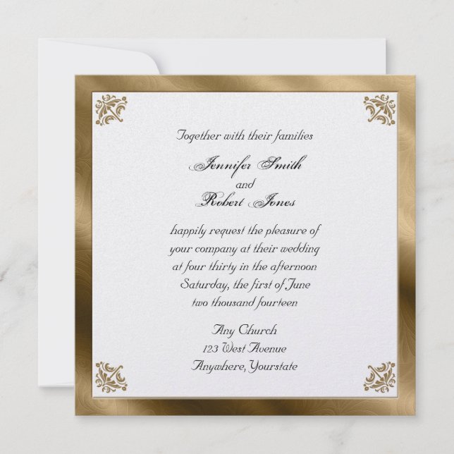 Faire-part de mariage snob en soie de damassé d'or (Devant)