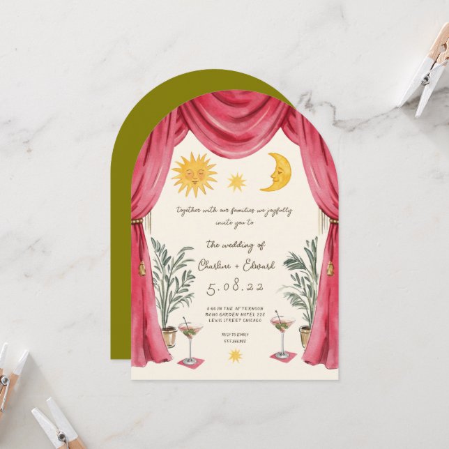 Faire-part de mariage soleil et lune peints à la m (Devant/Arrière en situation)