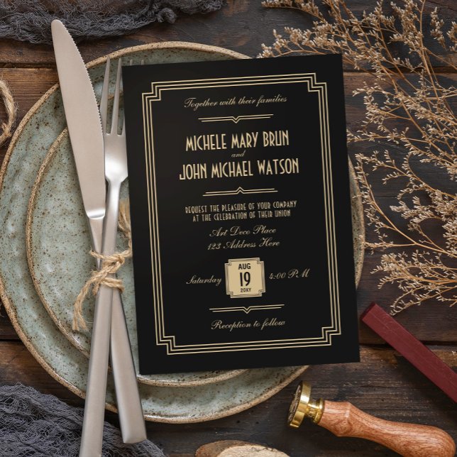 Faire-part de mariage sombre Art déco rétro (Créateur téléchargé)